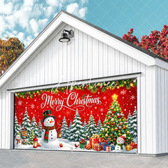 Aperturee - Aperturee Festive Merry Christmas Snowman and Snowy Christmas Tree Garage Door Banner Holiday Winter Wonderland Decor