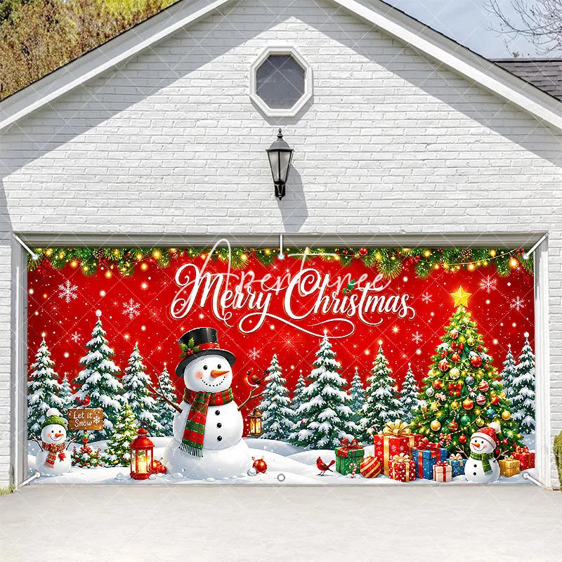 Aperturee - Aperturee Festive Merry Christmas Snowman and Snowy Christmas Tree Garage Door Banner Holiday Winter Wonderland Decor