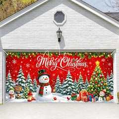 Aperturee - Aperturee Festive Merry Christmas Snowman and Snowy Christmas Tree Garage Door Banner Holiday Winter Wonderland Decor