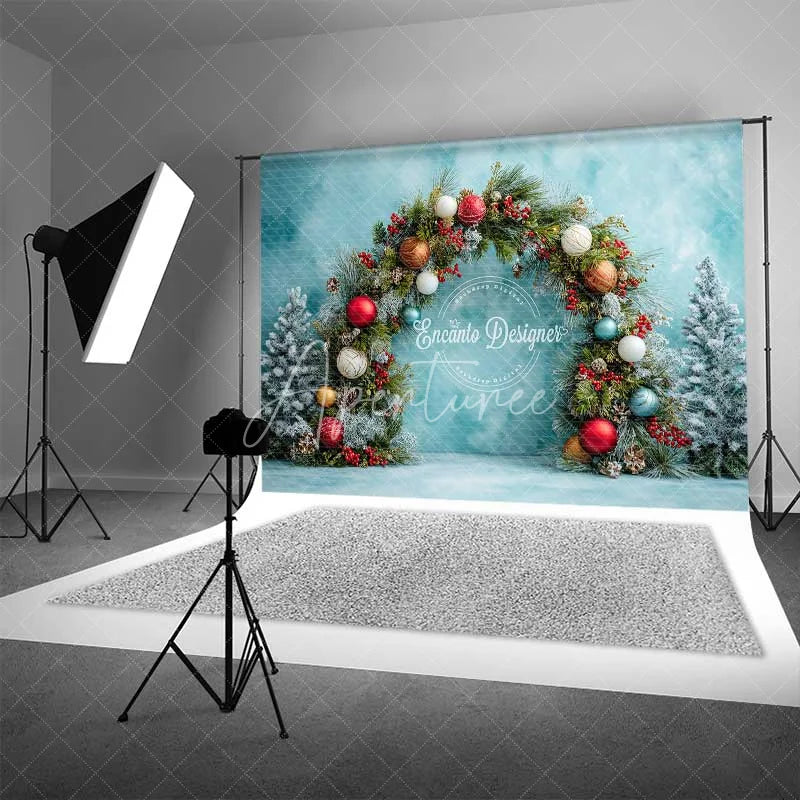 Aperturee - Aperturee Festive Pine Garland Arch Backdrop Colorful Ornament Blue Wall Photography Background
