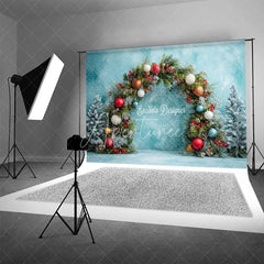 Aperturee - Aperturee Festive Pine Garland Arch Backdrop Colorful Ornament Blue Wall Photography Background