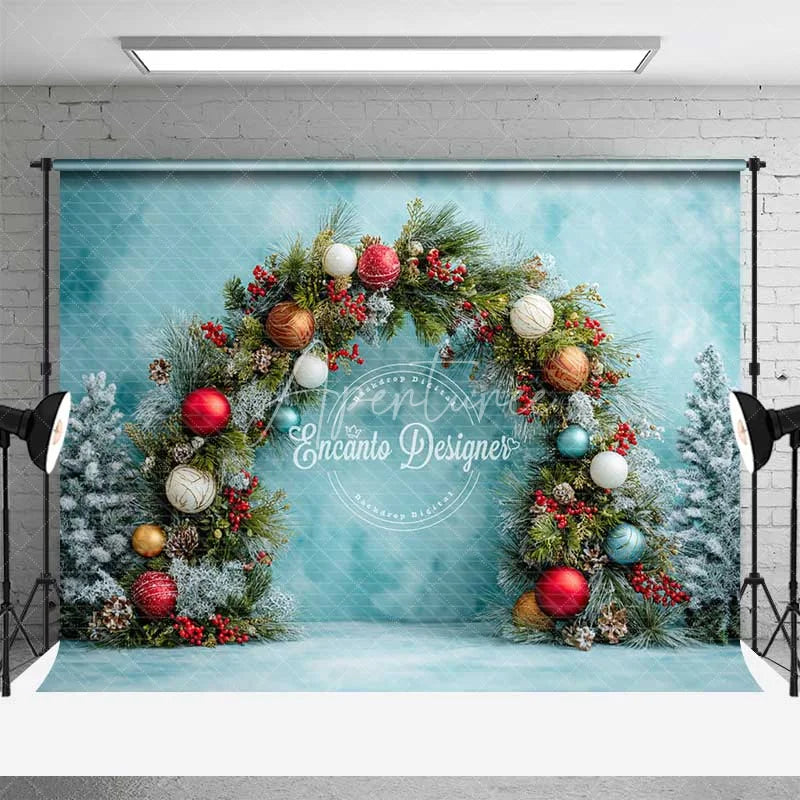 Aperturee - Aperturee Festive Pine Garland Arch Backdrop Colorful Ornament Blue Wall Photography Background