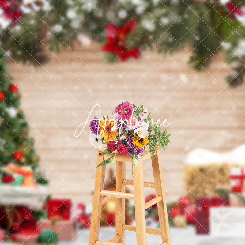 Aperturee - Aperturee Festive Pine Tree Leaves Snow Wood Christmas Backdrop