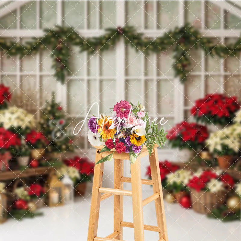 Aperturee - Aperturee Festive Red and Cream Poinsettia Christmas Tree Holiday Backdrop Elegant Winter Greenhouse Decor