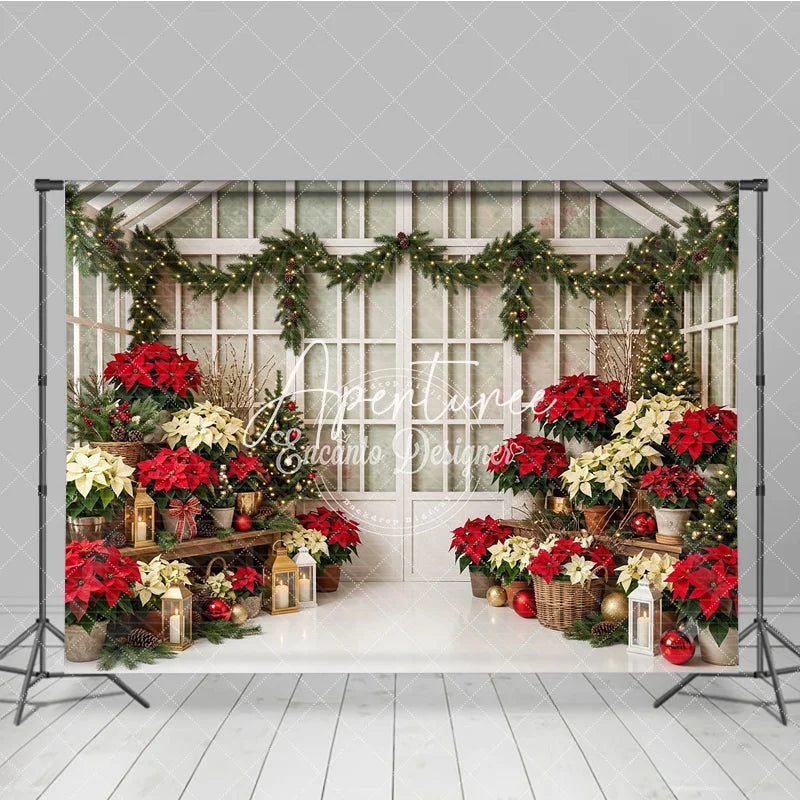 Aperturee - Aperturee Festive Red and Cream Poinsettia Christmas Tree Holiday Backdrop Elegant Winter Greenhouse Decor