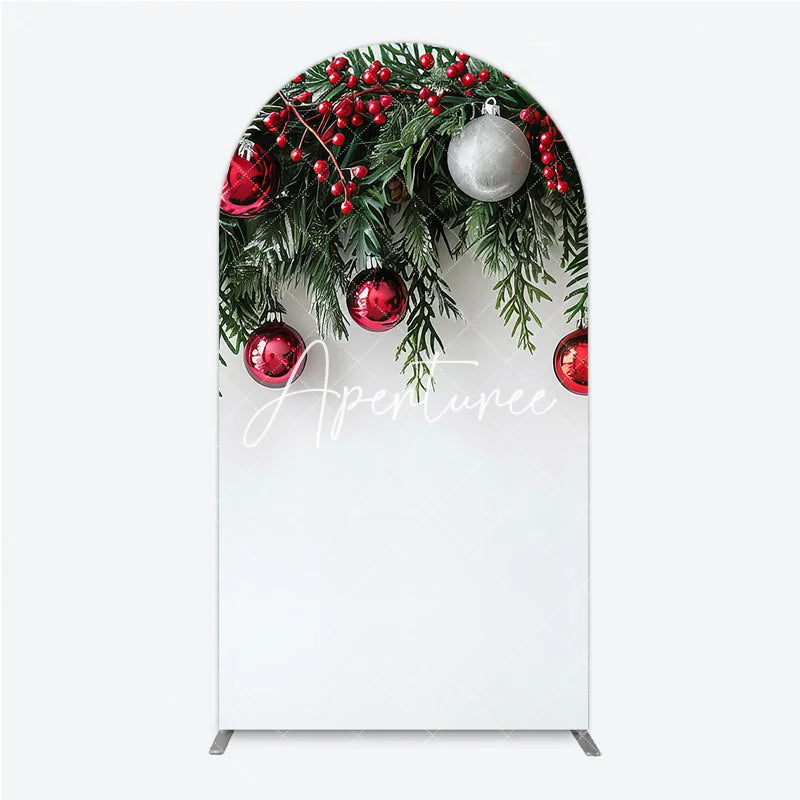 Aperturee - Aperturee Festive Red and Green Christmas Garland Round Top Arch Backdrop with Berries and Ornaments Holiday Decor