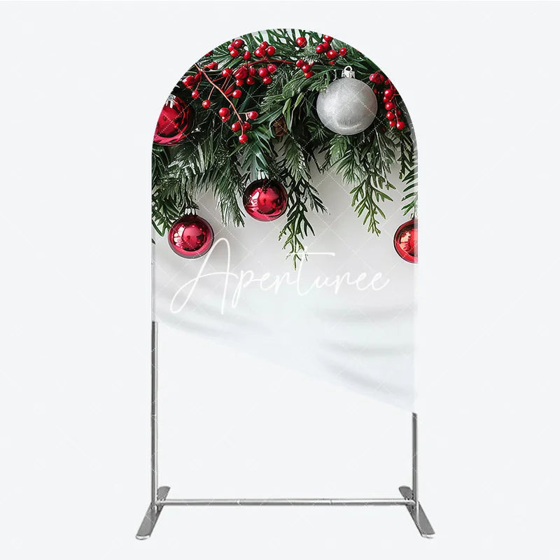 Aperturee - Aperturee Festive Red and Green Christmas Garland Round Top Arch Backdrop with Berries and Ornaments Holiday Decor