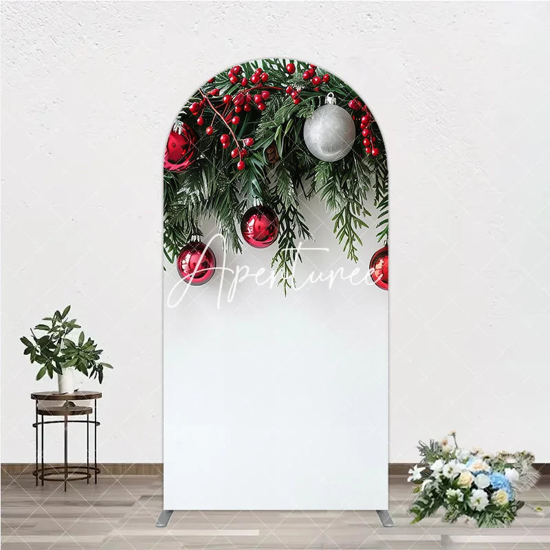 Aperturee - Aperturee Festive Red and Green Christmas Garland Round Top Arch Backdrop with Berries and Ornaments Holiday Decor