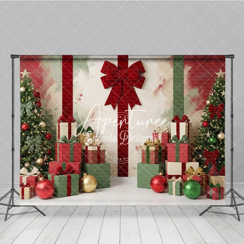 Aperturee - Aperturee Festive Red and Green Christmas Trees and Gifts Holiday Backdrop Elegant Bows and Ornaments Decor