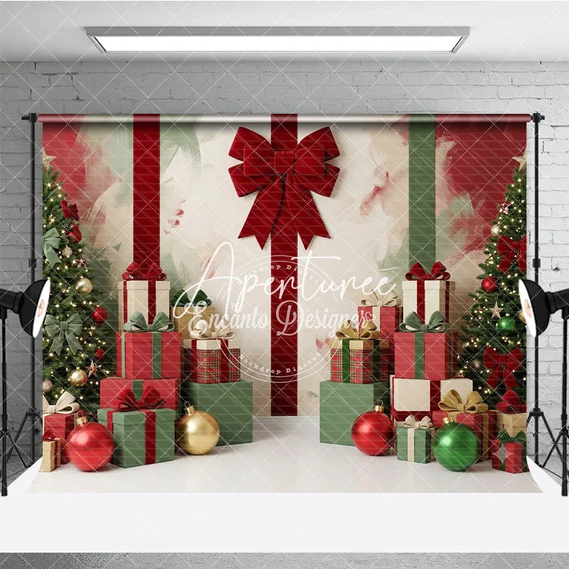 Aperturee - Aperturee Festive Red and Green Christmas Trees and Gifts Holiday Backdrop Elegant Bows and Ornaments Decor