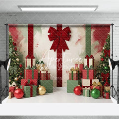 Aperturee - Aperturee Festive Red and Green Christmas Trees and Gifts Holiday Backdrop Elegant Bows and Ornaments Decor
