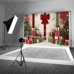 Aperturee - Aperturee Festive Red and Green Christmas Trees and Gifts Holiday Backdrop Elegant Bows and Ornaments Decor