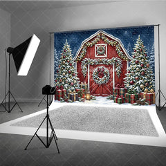 Aperturee - Aperturee Festive Red Barn and Snowy Christmas Trees Holiday Backdrop with Plaid Gifts and Winter Wonderland Decor