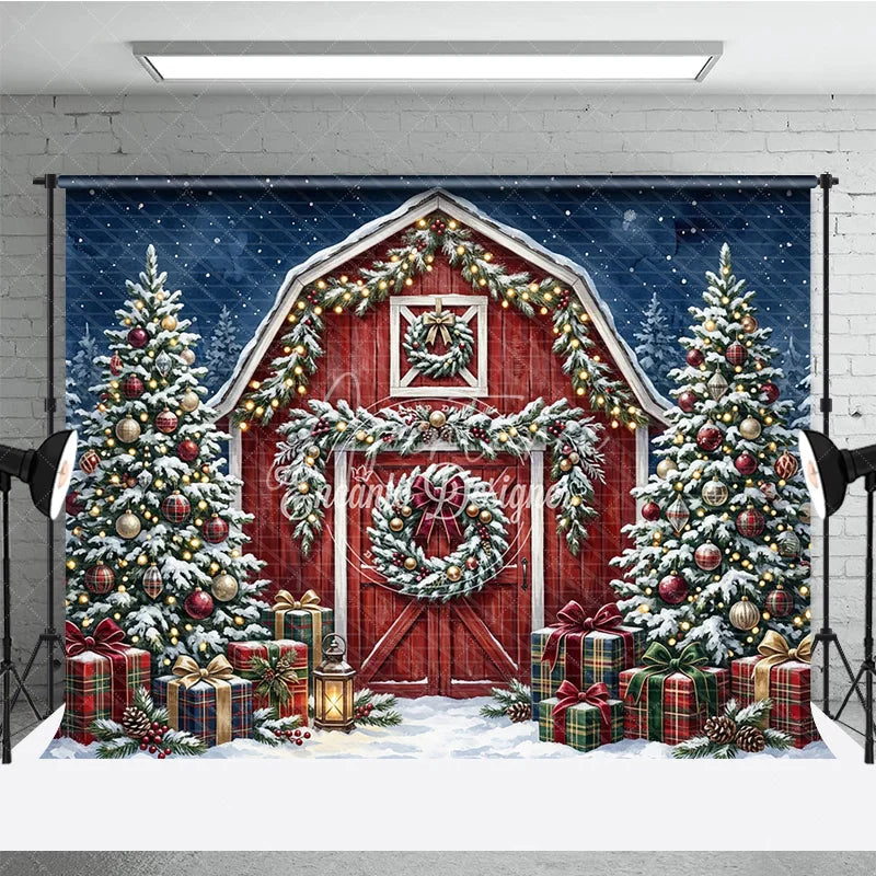 Aperturee - Aperturee Festive Red Barn and Snowy Christmas Trees Holiday Backdrop with Plaid Gifts and Winter Wonderland Decor