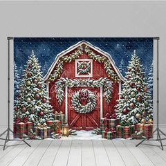 Aperturee - Aperturee Festive Red Barn and Snowy Christmas Trees Holiday Backdrop with Plaid Gifts and Winter Wonderland Decor
