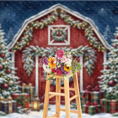 Aperturee - Aperturee Festive Red Barn and Snowy Christmas Trees Holiday Backdrop with Plaid Gifts and Winter Wonderland Decor