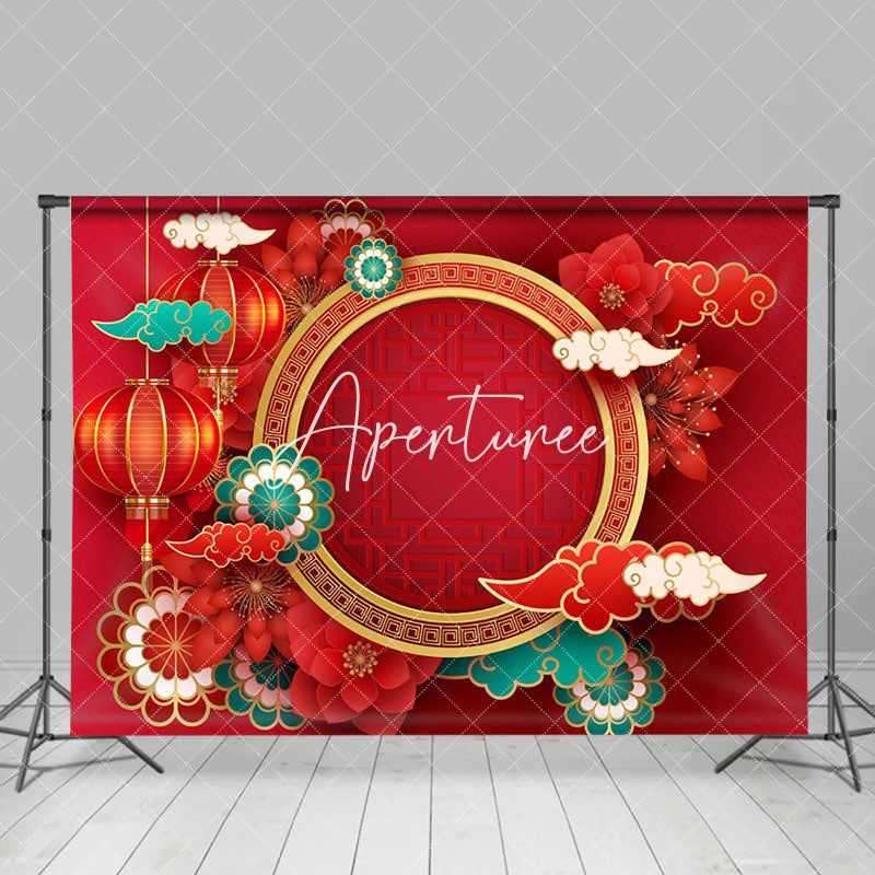 Aperturee - Aperturee Festive Red Clouds Lantern Floral New Year Backdrop