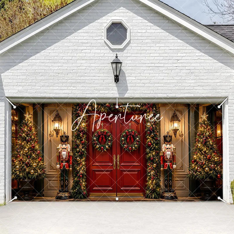 Aperturee - Aperturee Festive Red Door Christmas Nutcracker Garage Door Banner Elegant Holiday Wreaths Decoration