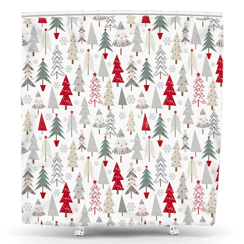 Aperturee - Aperturee Festive Red Green and Gray Christmas Tree Pattern Shower Curtain Modern Winter Holiday Bathroom Decor