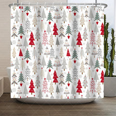 Aperturee - Aperturee Festive Red Green and Gray Christmas Tree Pattern Shower Curtain Modern Winter Holiday Bathroom Decor