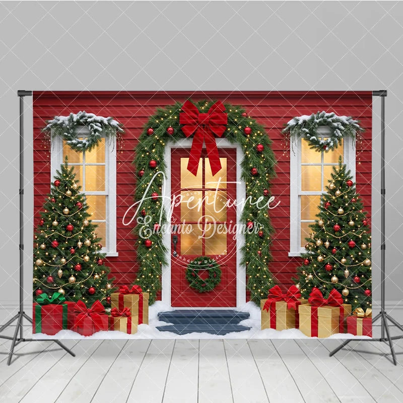 Aperturee - Aperturee Festive Red House Christmas Tree Garland Holiday Backdrop Snowy Gifts and Warm Lights Winter Party Decor