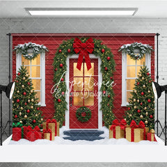 Aperturee - Aperturee Festive Red House Christmas Tree Garland Holiday Backdrop Snowy Gifts and Warm Lights Winter Party Decor