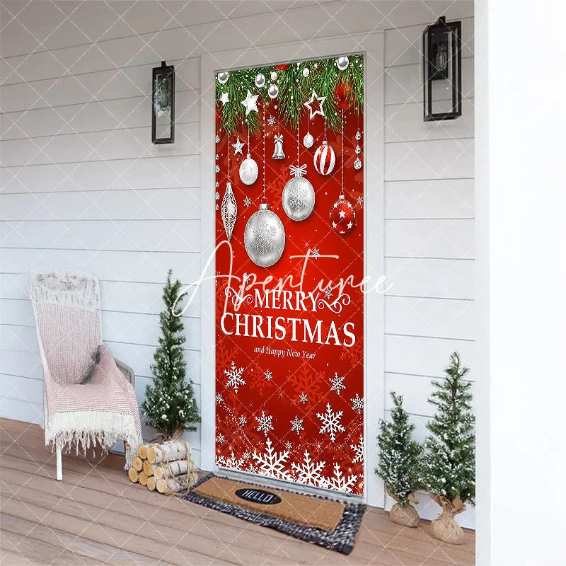 Aperturee - Aperturee Festive Red Merry Christmas and Happy New Year Door Cover with Green Pine Branches Ornaments and Snowflakes Decor