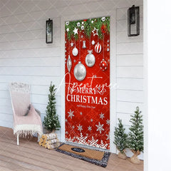 Aperturee - Aperturee Festive Red Merry Christmas and Happy New Year Door Cover with Green Pine Branches Ornaments and Snowflakes Decor