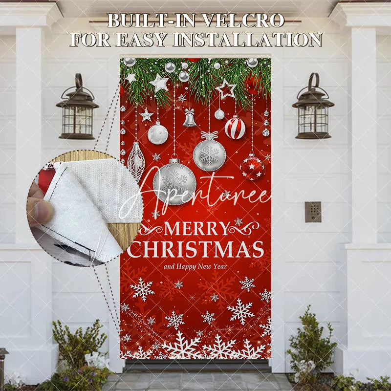 Aperturee - Aperturee Festive Red Merry Christmas and Happy New Year Door Cover with Green Pine Branches Ornaments and Snowflakes Decor