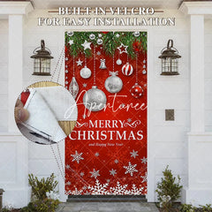 Aperturee - Aperturee Festive Red Merry Christmas and Happy New Year Door Cover with Green Pine Branches Ornaments and Snowflakes Decor