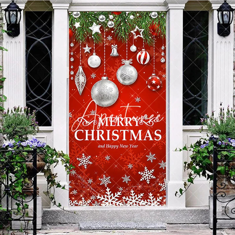 Aperturee - Aperturee Festive Red Merry Christmas and Happy New Year Door Cover with Green Pine Branches Ornaments and Snowflakes Decor