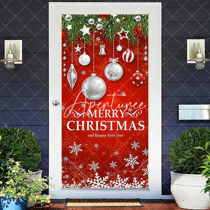 Aperturee - Aperturee Festive Red Merry Christmas and Happy New Year Door Cover with Green Pine Branches Ornaments and Snowflakes Decor