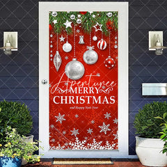 Aperturee - Aperturee Festive Red Merry Christmas and Happy New Year Door Cover with Green Pine Branches Ornaments and Snowflakes Decor