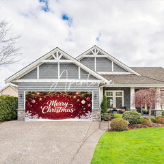 Aperturee - Aperturee Festive Red Merry Christmas Pine Branches Garage Door Banner with Golden Lights Ornaments and Snowflakes Holiday Decor