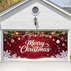 Aperturee - Aperturee Festive Red Merry Christmas Pine Branches Garage Door Banner with Golden Lights Ornaments and Snowflakes Holiday Decor