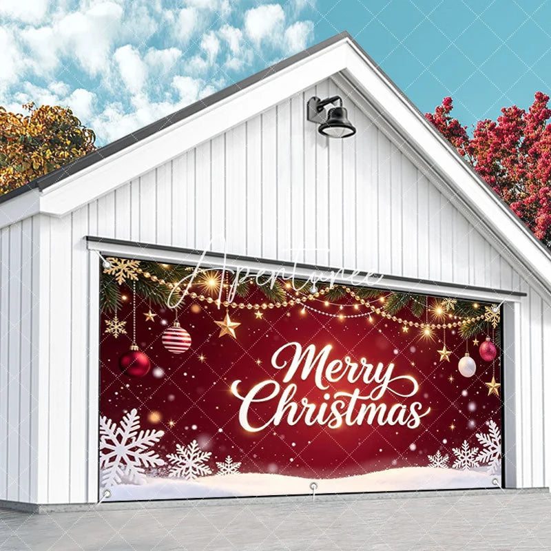 Aperturee - Aperturee Festive Red Merry Christmas Pine Branches Garage Door Banner with Golden Lights Ornaments and Snowflakes Holiday Decor
