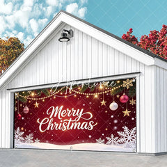 Aperturee - Aperturee Festive Red Merry Christmas Pine Branches Garage Door Banner with Golden Lights Ornaments and Snowflakes Holiday Decor