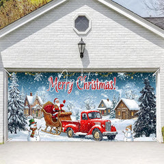 Aperturee - Aperturee Festive Red Truck with Santa Claus and Sleigh Winter Village Garage Door Banner Merry Christmas Holiday Decor