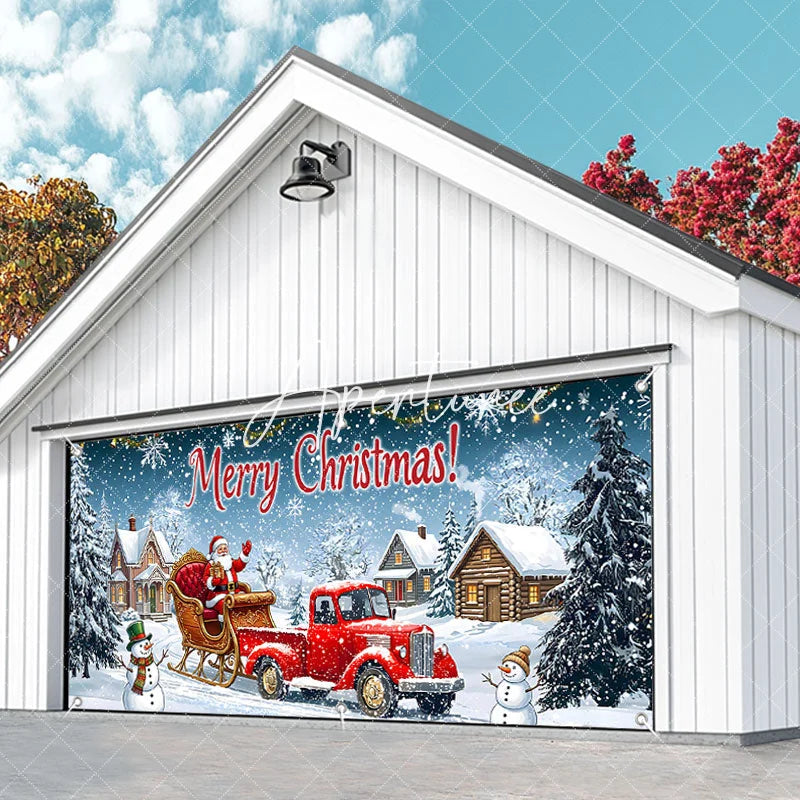 Aperturee - Aperturee Festive Red Truck with Santa Claus and Sleigh Winter Village Garage Door Banner Merry Christmas Holiday Decor