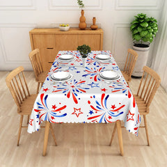 Aperturee - Aperturee Festive Red White and Blue Fireworks and Stars Rectangle Tablecloth Patriotic July 4th Celebration Party Decor