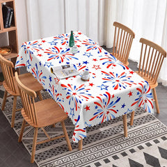 Aperturee - Aperturee Festive Red White and Blue Fireworks and Stars Rectangle Tablecloth Patriotic July 4th Celebration Party Decor