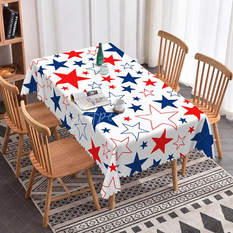 Aperturee - Aperturee Festive Red White and Blue Star Rectangle Tablecloth Patriotic American Flag Theme Party Decor