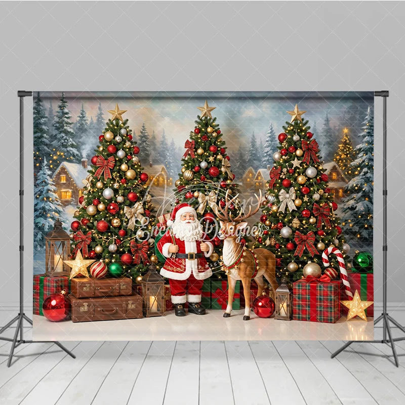 Aperturee - Aperturee Festive Santa Claus and Reindeer Christmas Holiday Backdrop Decorated Trees Snowy Village Gifts and Lanterns