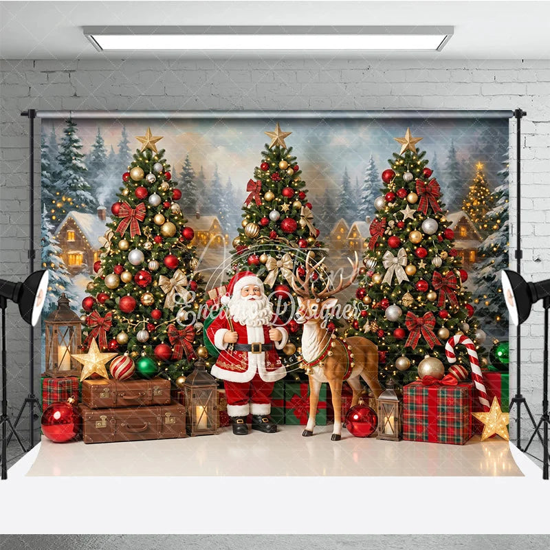 Aperturee - Aperturee Festive Santa Claus and Reindeer Christmas Holiday Backdrop Decorated Trees Snowy Village Gifts and Lanterns