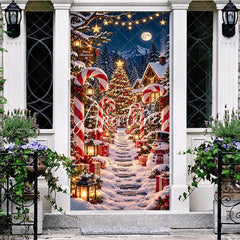 Aperturee - Aperturee Festive Snowy Christmas Village Door Cover with Candy Canes Gifts and Snowman Winter Wonderland Holiday Decor