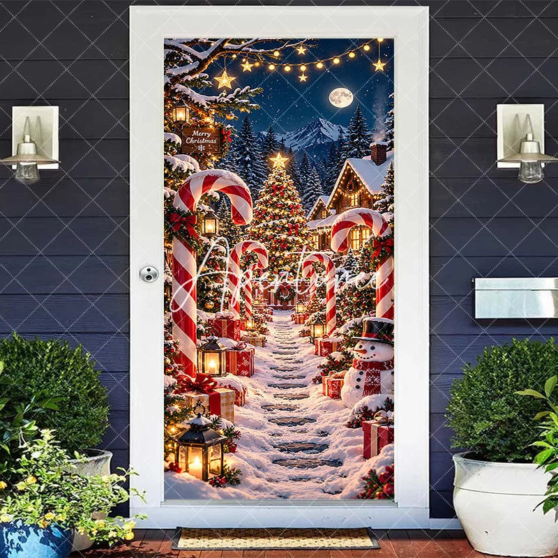 Aperturee - Aperturee Festive Snowy Christmas Village Door Cover with Candy Canes Gifts and Snowman Winter Wonderland Holiday Decor