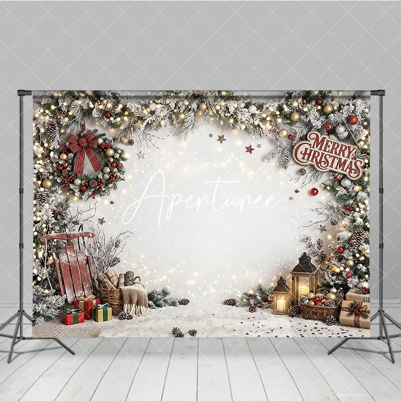 Aperturee - Aperturee Festive Snowy Pine Garland Christmas Holiday Backdrop with Warm String Lights Red Berries and Cozy Winter Gifts