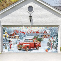 Aperturee - Aperturee Festive Snowy Village Red Truck Christmas Tree Garage Door Banner Merry Christmas Holiday Outdoor Decor