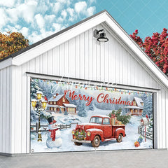 Aperturee - Aperturee Festive Snowy Village Red Truck Christmas Tree Garage Door Banner Merry Christmas Holiday Outdoor Decor