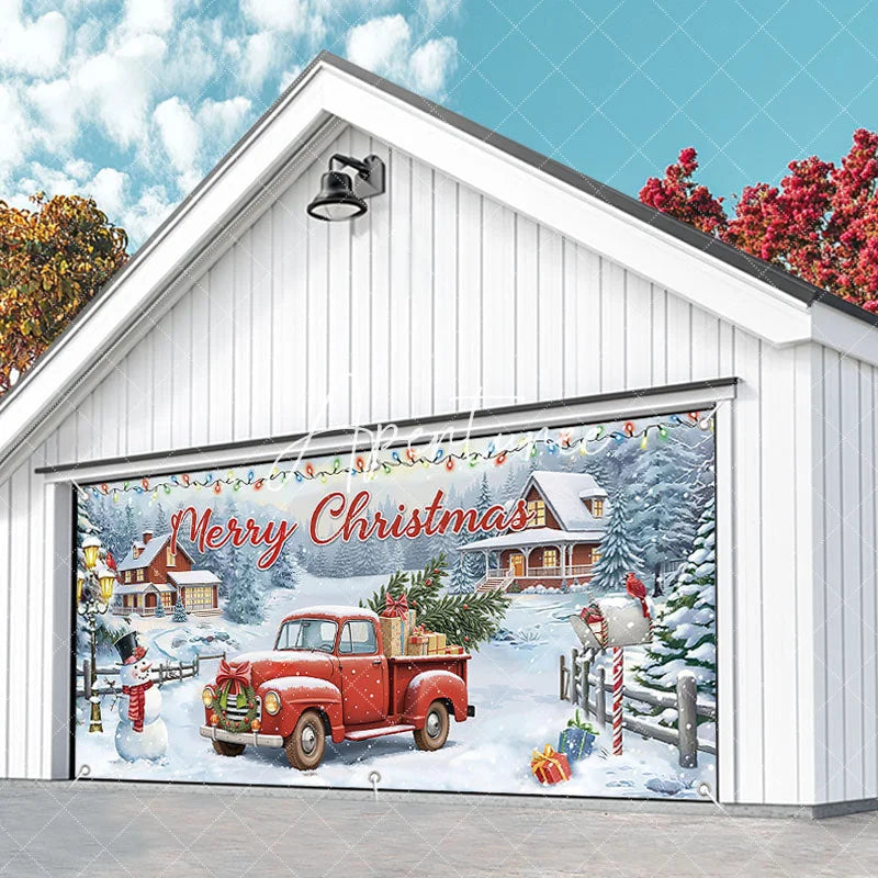 Aperturee - Aperturee Festive Snowy Village Red Truck Christmas Tree Garage Door Banner Merry Christmas Holiday Outdoor Decor